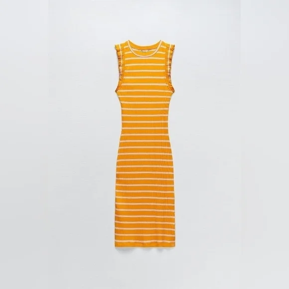 Zara Striped Ruffle Ribbed Dress Size Large - Picture 10 of 11